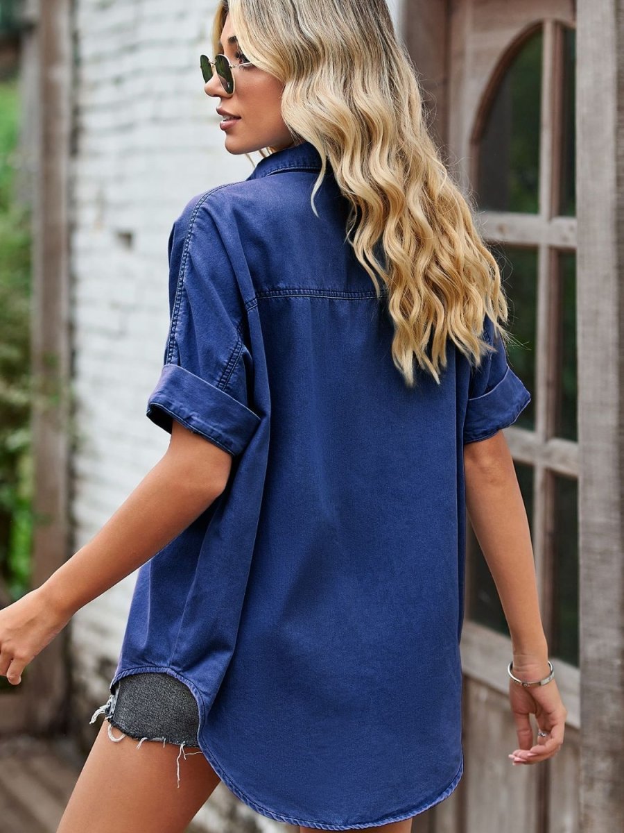 Collared Neck Denim Jacket with Pockets - Outerwear