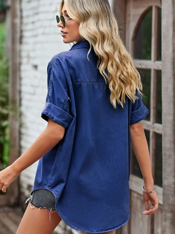 Collared Neck Denim Jacket with Pockets - Outerwear