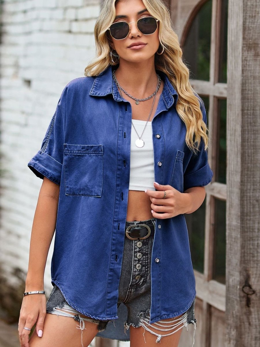 Collared Neck Denim Jacket with Pockets - Outerwear