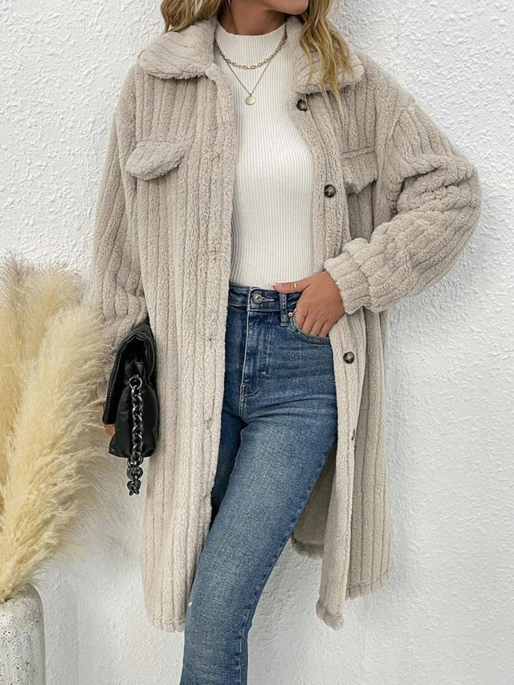 Collared Neck Drop Shoulder Coat - Outerwear