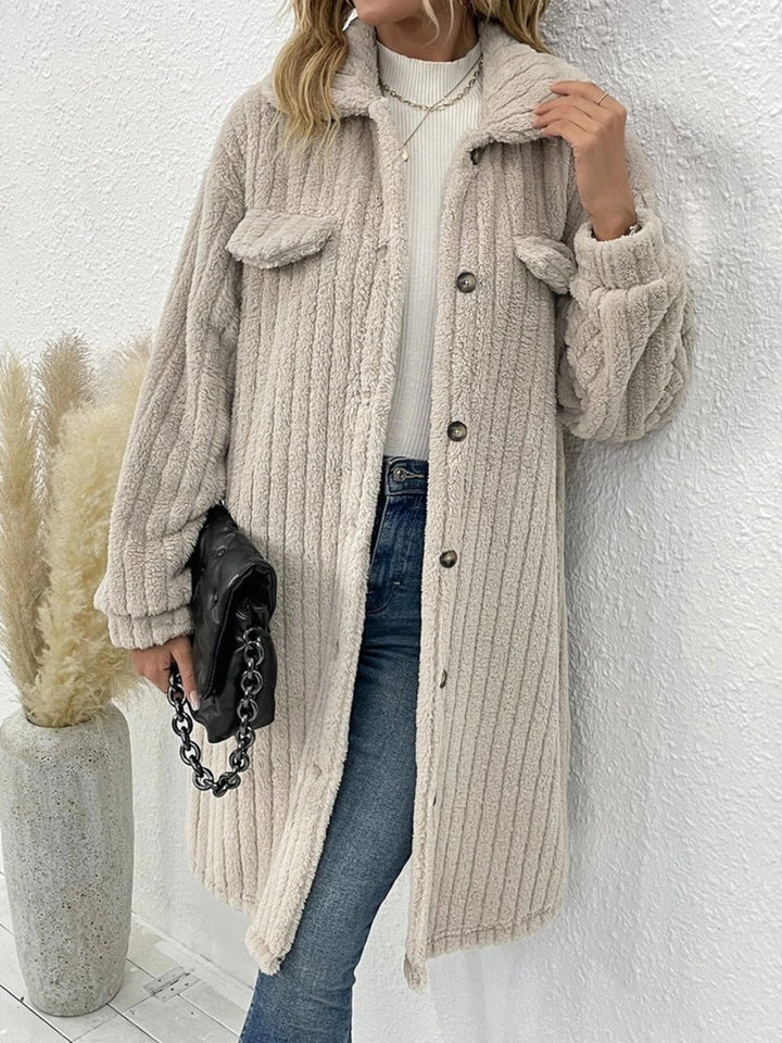 Collared Neck Drop Shoulder Coat - Outerwear