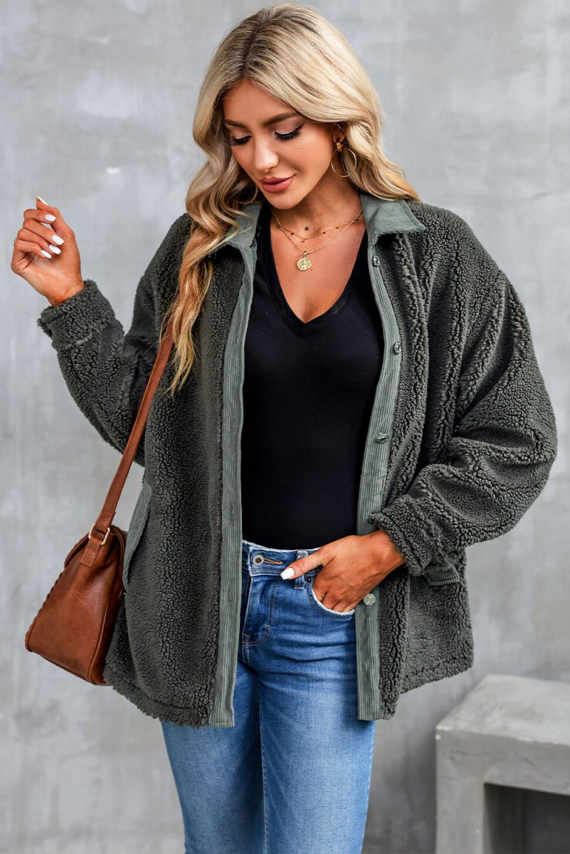 Collared Neck Drop Shoulder Jacket - Outerwear