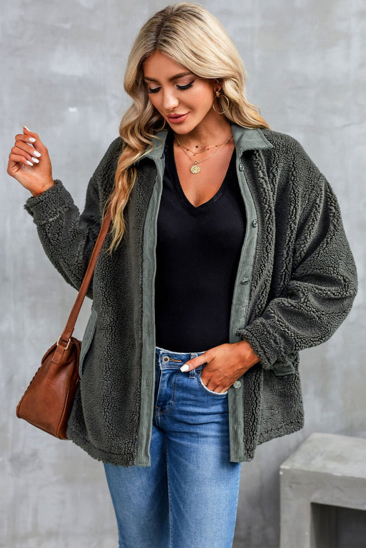 Collared Neck Drop Shoulder Jacket - Outerwear