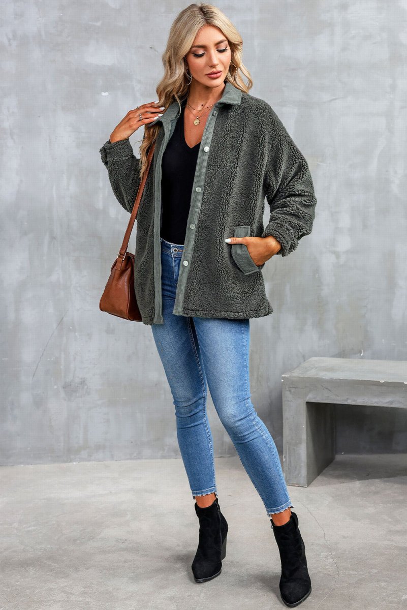 Collared Neck Drop Shoulder Jacket - Outerwear