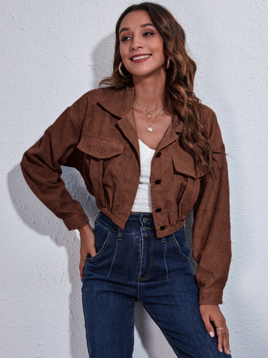 Collared Neck Dropped Shoulder Buttoned Jacket - Outerwear
