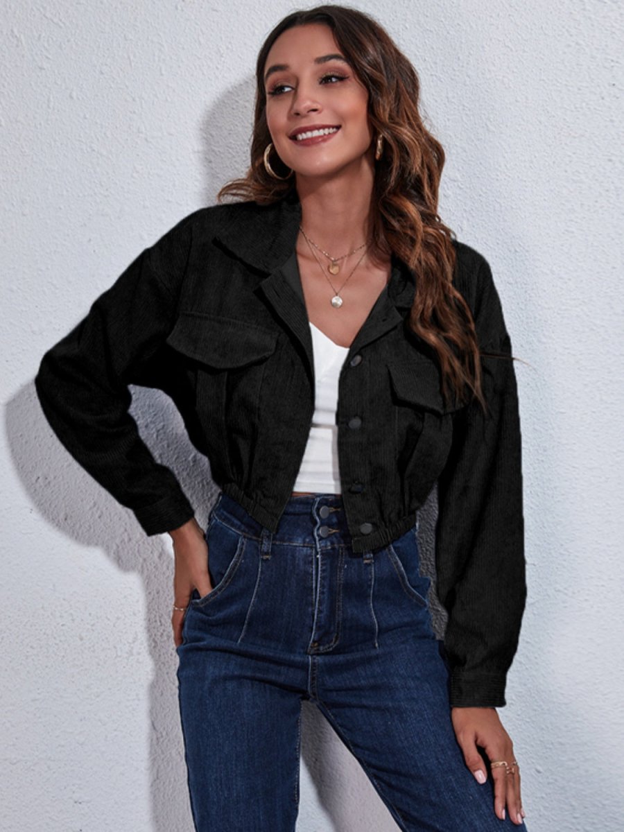 Collared Neck Dropped Shoulder Buttoned Jacket - Outerwear