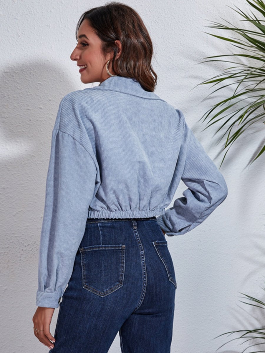 Collared Neck Dropped Shoulder Buttoned Jacket - Outerwear