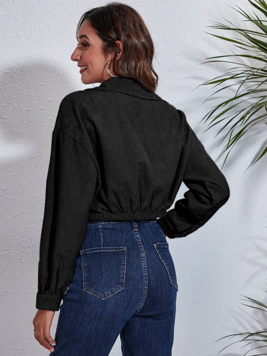Collared Neck Dropped Shoulder Buttoned Jacket - Outerwear