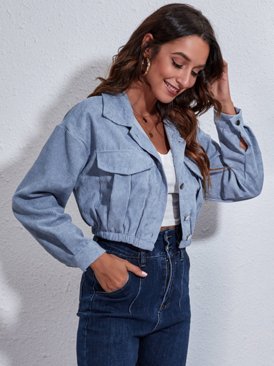 Collared Neck Dropped Shoulder Buttoned Jacket - Outerwear