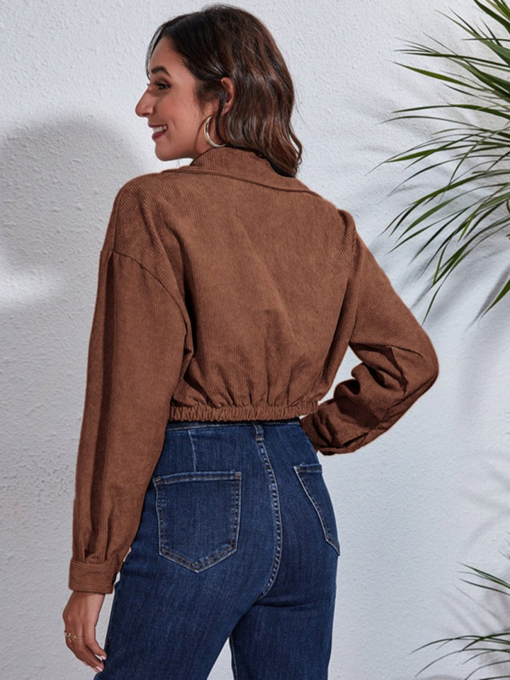 Collared Neck Dropped Shoulder Buttoned Jacket - Outerwear
