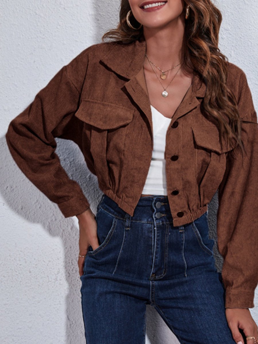 Collared Neck Dropped Shoulder Buttoned Jacket - Outerwear