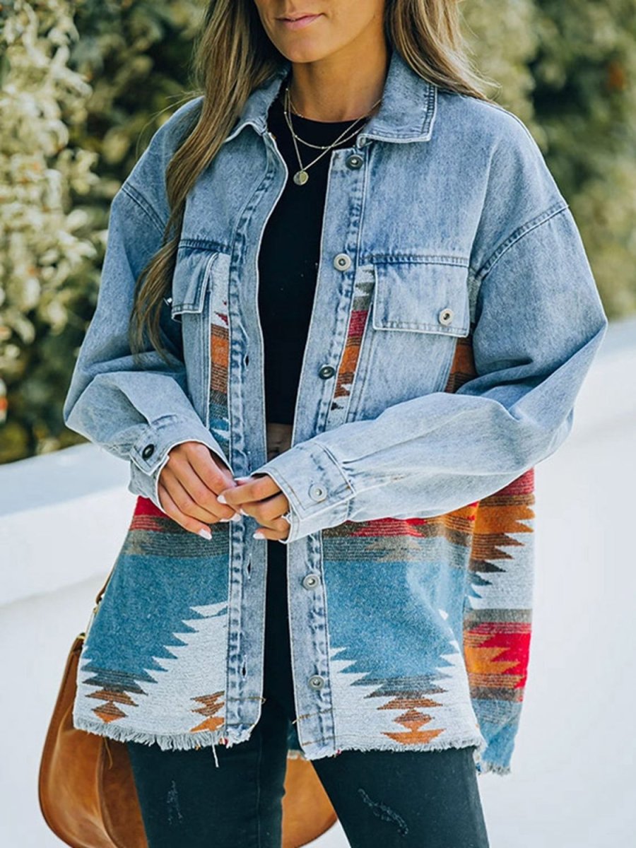 Collared Neck Dropped Shoulder Denim Jacket - Outerwear