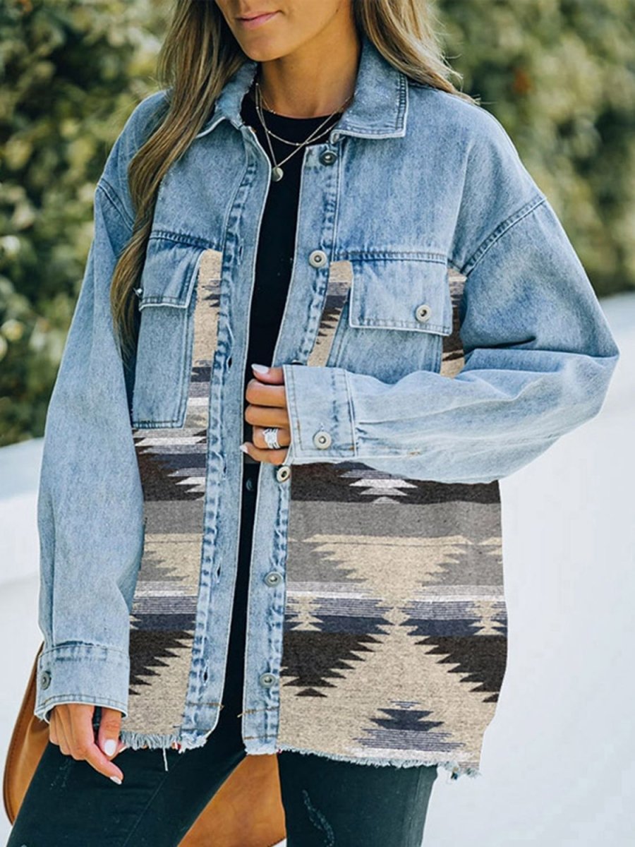 Collared Neck Dropped Shoulder Denim Jacket - Outerwear