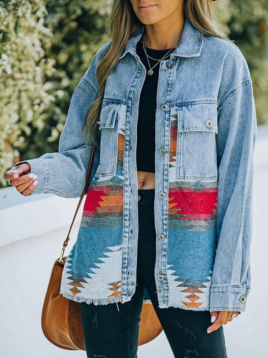 Collared Neck Dropped Shoulder Denim Jacket - Outerwear