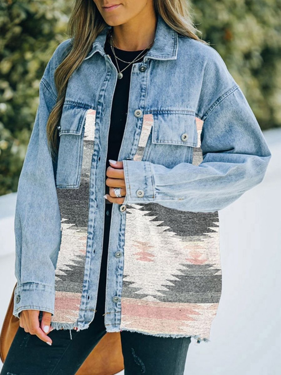 Collared Neck Dropped Shoulder Denim Jacket - Outerwear