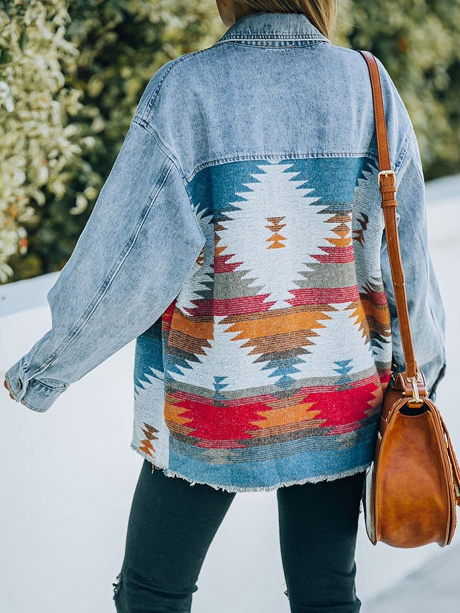 Collared Neck Dropped Shoulder Denim Jacket - Outerwear