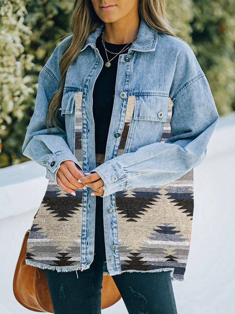 Collared Neck Dropped Shoulder Denim Jacket - Outerwear