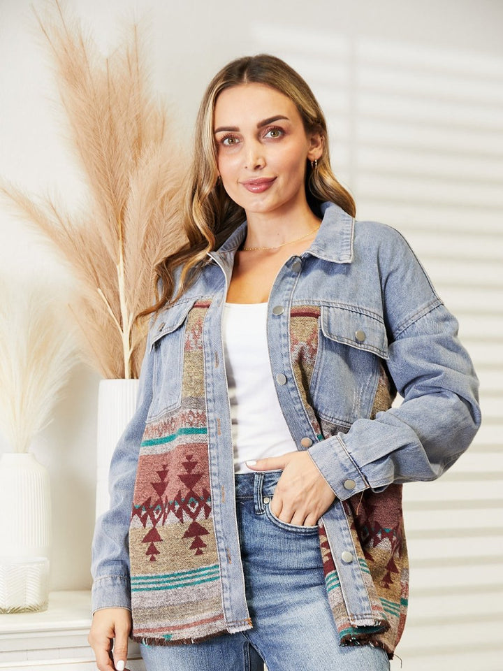 Collared Neck Dropped Shoulder Denim Jacket - Outerwear