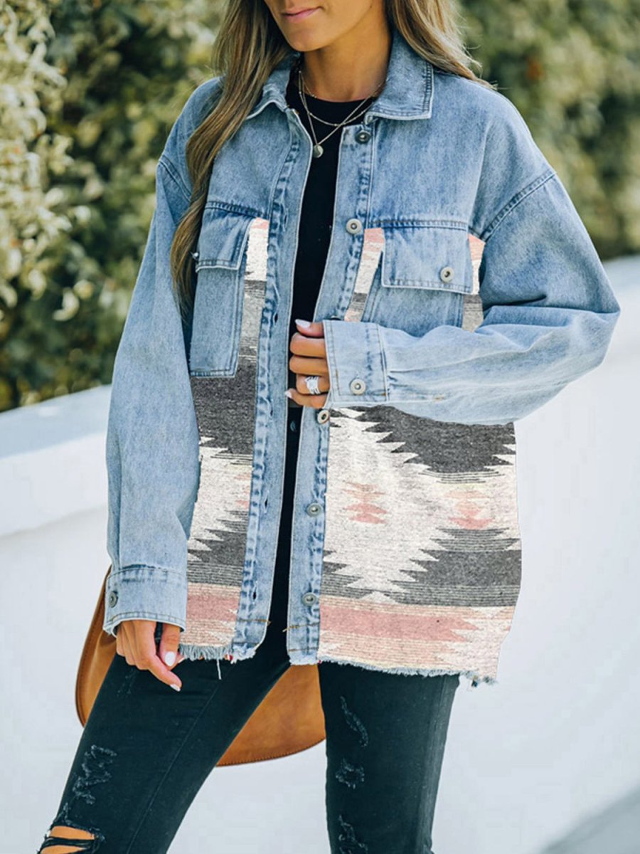 Collared Neck Dropped Shoulder Denim Jacket - Outerwear