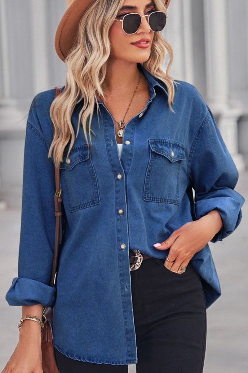 Collared Neck Dropped Shoulder Denim Top - Top