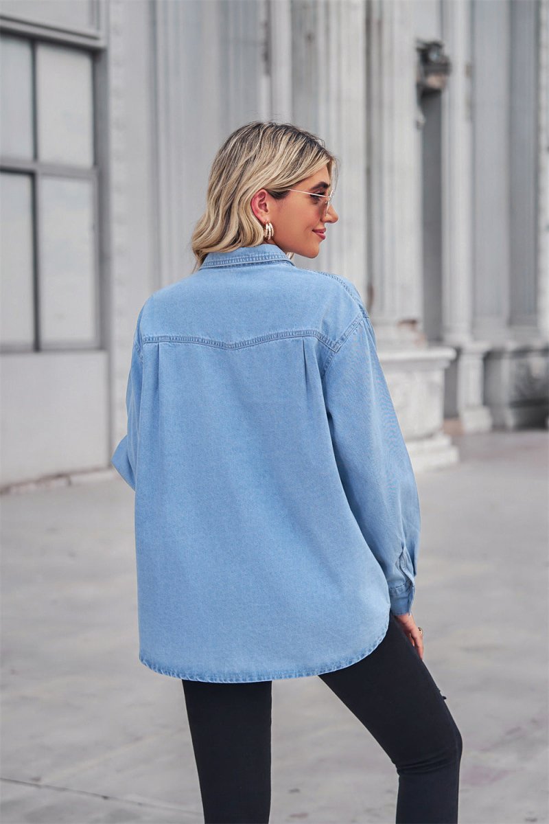 Collared Neck Dropped Shoulder Denim Top - Top
