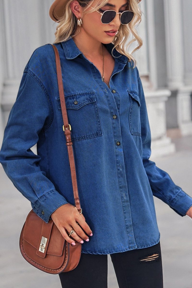 Collared Neck Dropped Shoulder Denim Top - Top