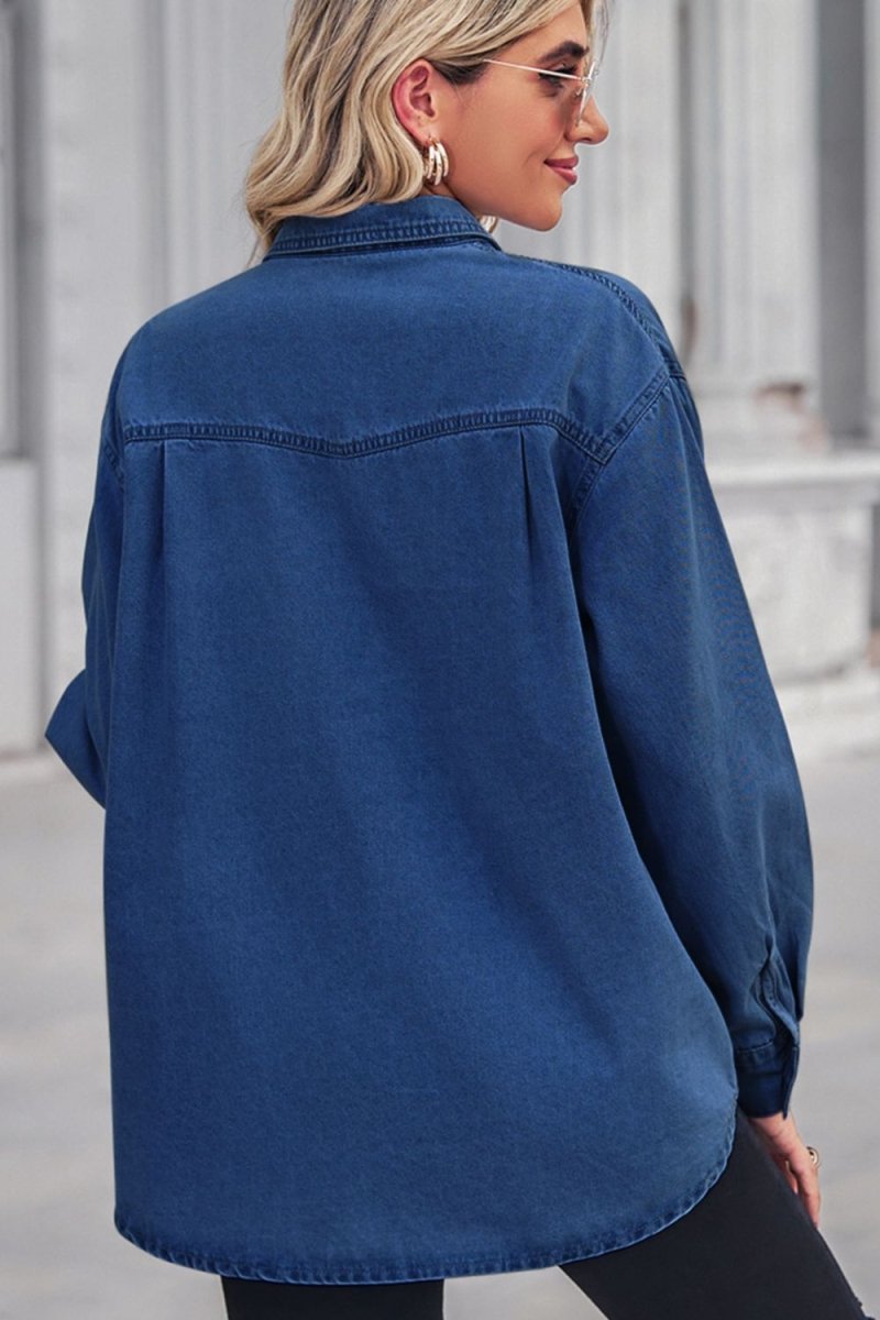 Collared Neck Dropped Shoulder Denim Top - Top