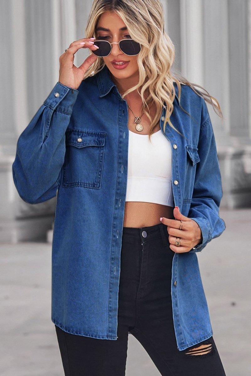 Collared Neck Dropped Shoulder Denim Top - Top