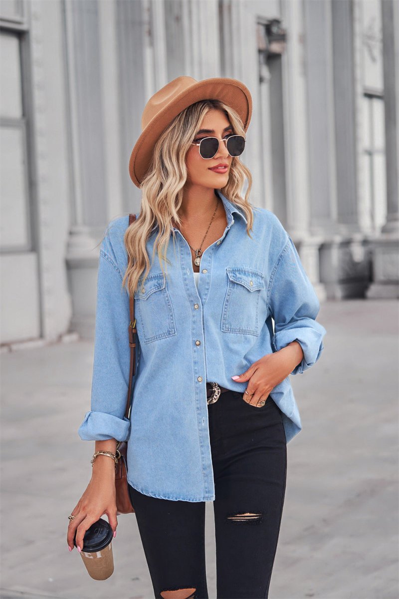 Collared Neck Dropped Shoulder Denim Top - Top