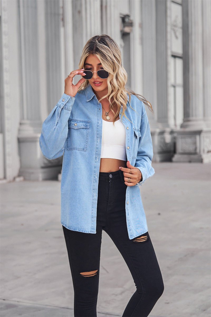 Collared Neck Dropped Shoulder Denim Top - Top