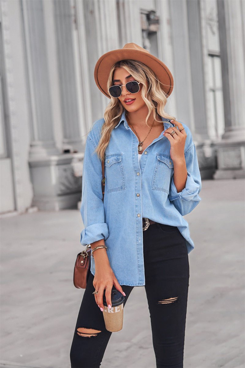 Collared Neck Dropped Shoulder Denim Top - Top