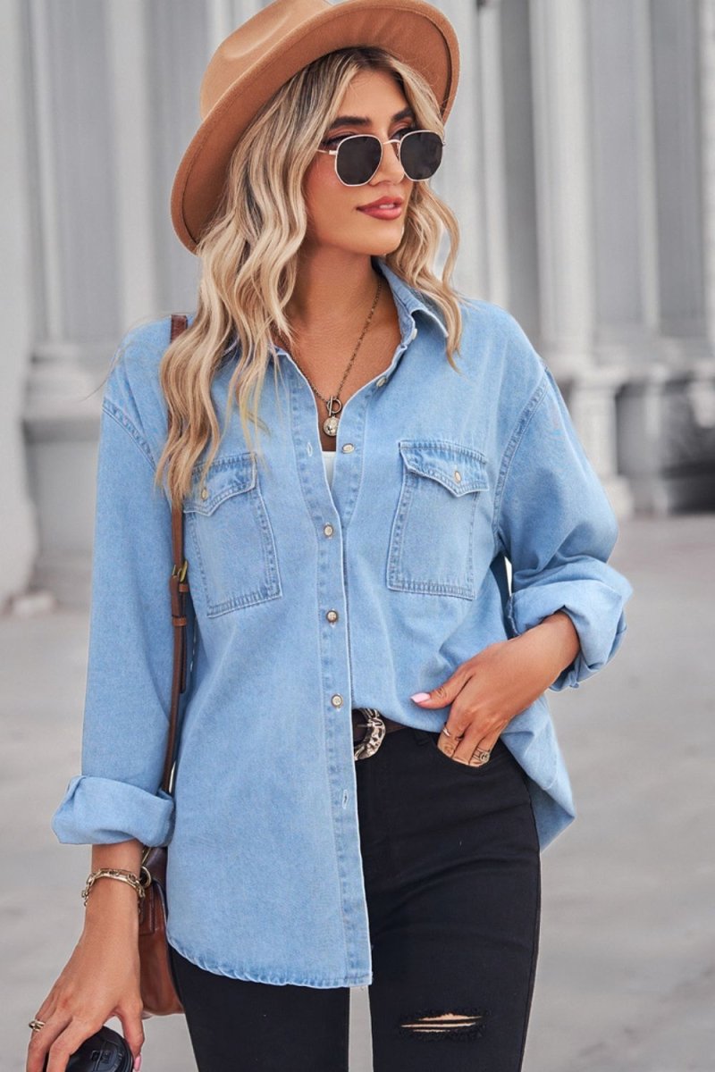 Collared Neck Dropped Shoulder Denim Top - Top