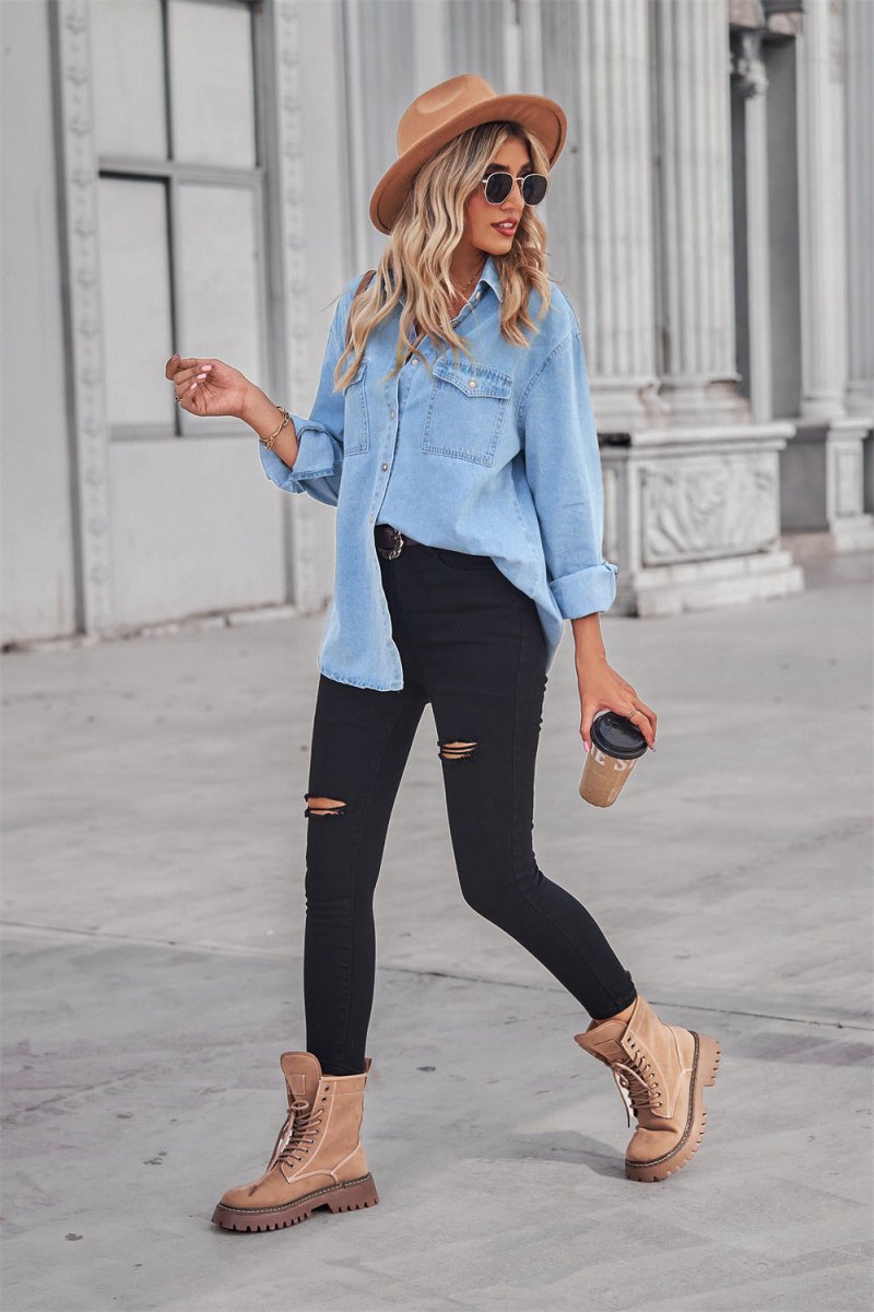 Collared Neck Dropped Shoulder Denim Top - Top