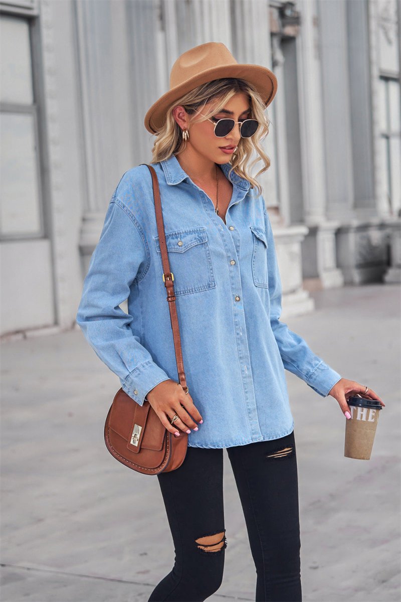 Collared Neck Dropped Shoulder Denim Top - Top