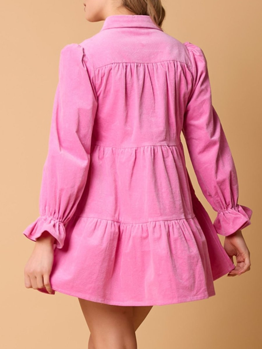 Collared Neck Flounce Sleeve Mini Dress - Vacation Dress
