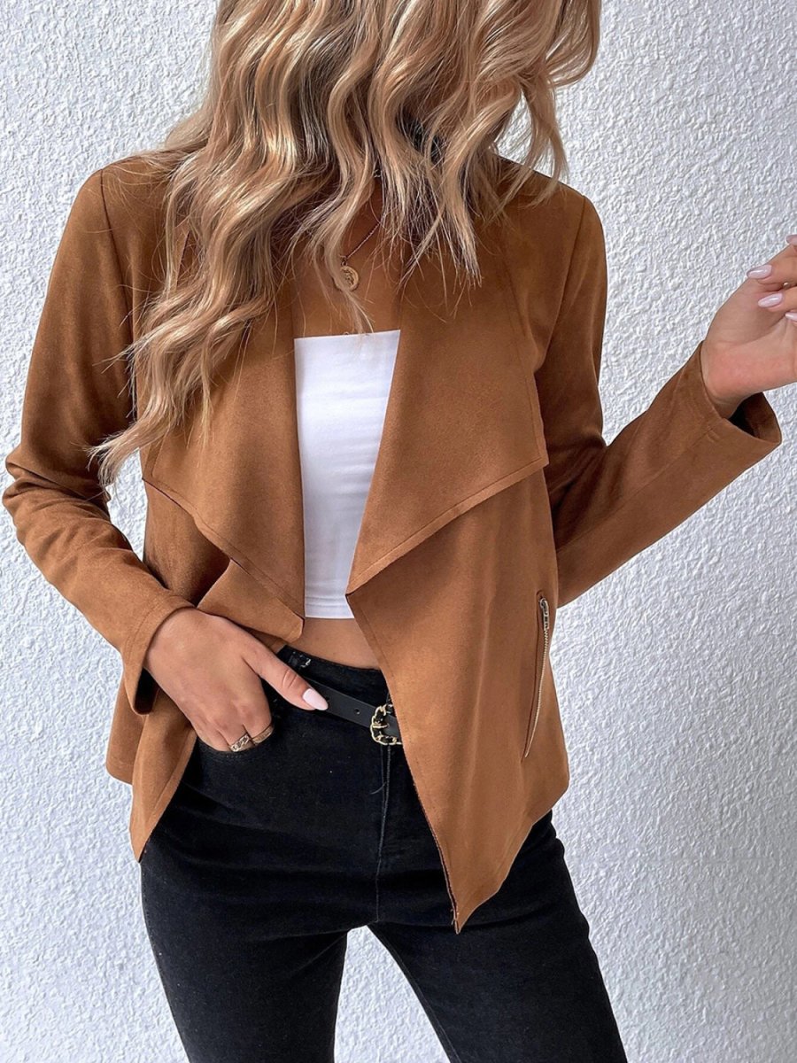 Collared Neck Long Sleeve Jacket - Outerwear