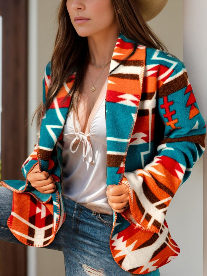 Collared Neck Long Sleeve Jacket - Outerwear