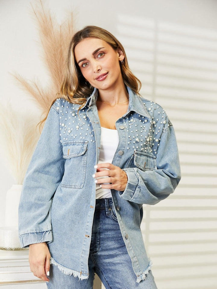 Collared Neck Raw Hem Dropped Shoulder Denim Jacket - Outerwear