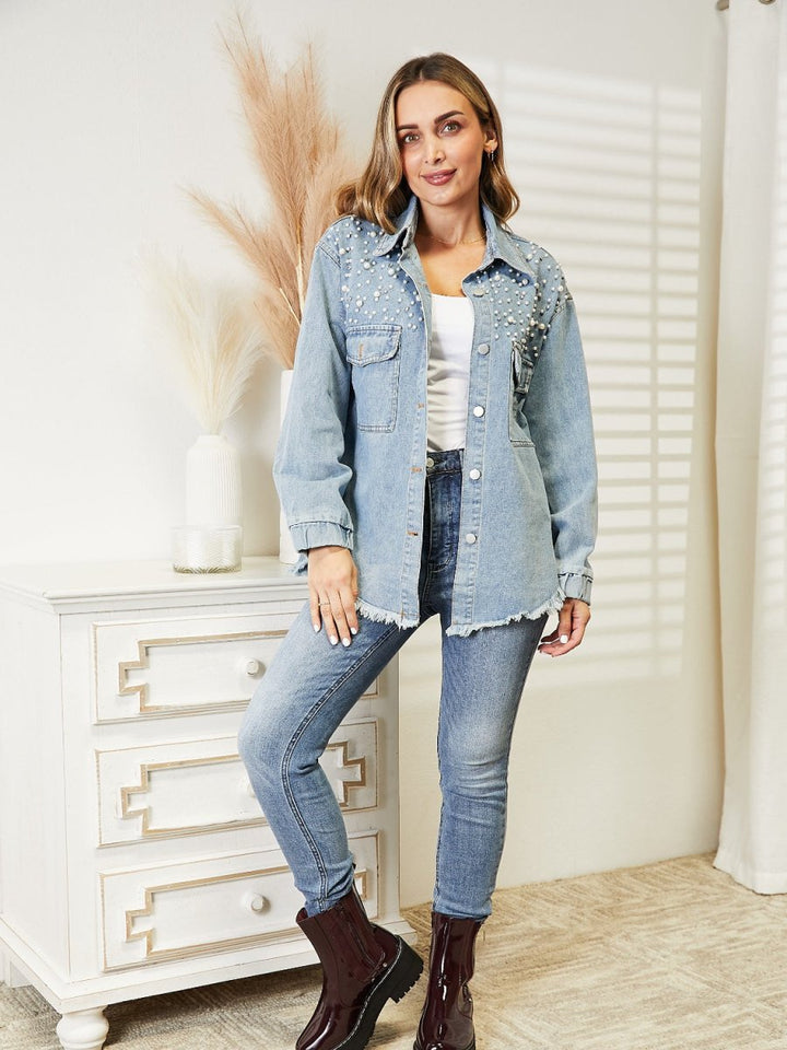 Collared Neck Raw Hem Dropped Shoulder Denim Jacket - Outerwear