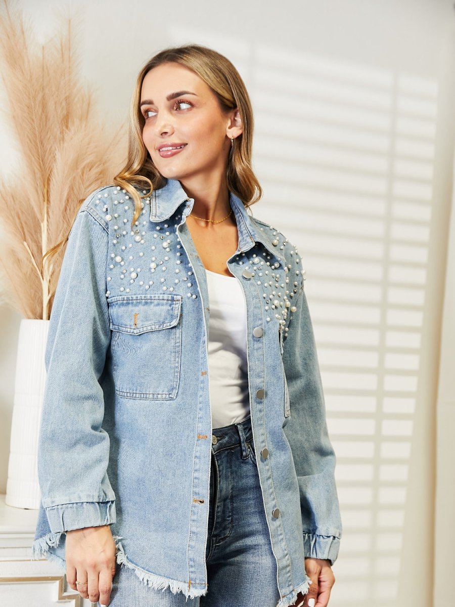 Collared Neck Raw Hem Dropped Shoulder Denim Jacket - Outerwear