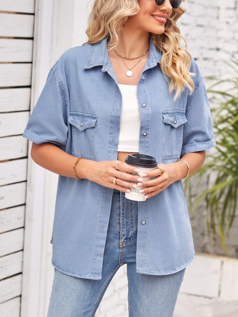 Collared Neck Short Sleeve Denim Jacket - Outerwear