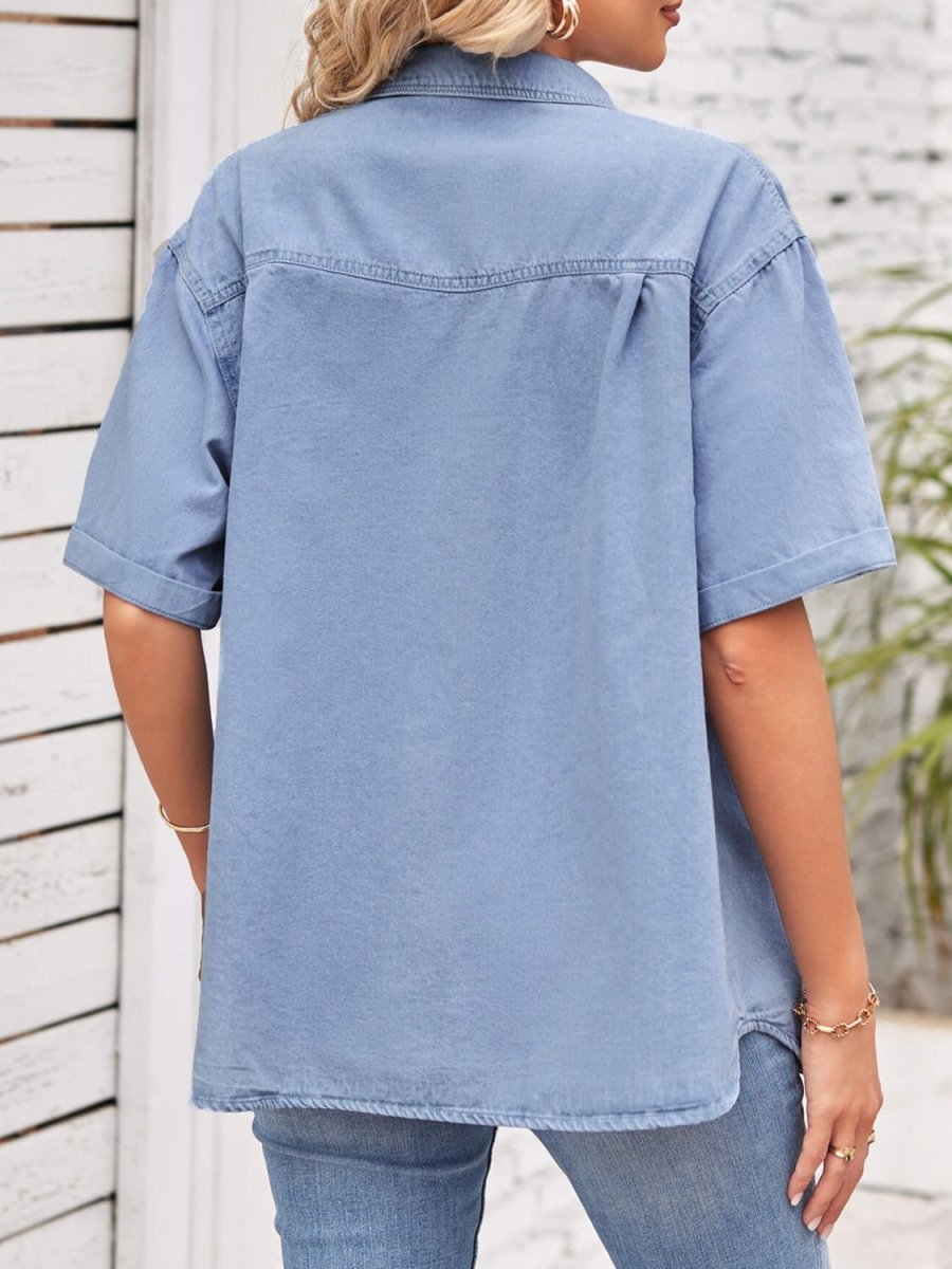 Collared Neck Short Sleeve Denim Jacket - Outerwear