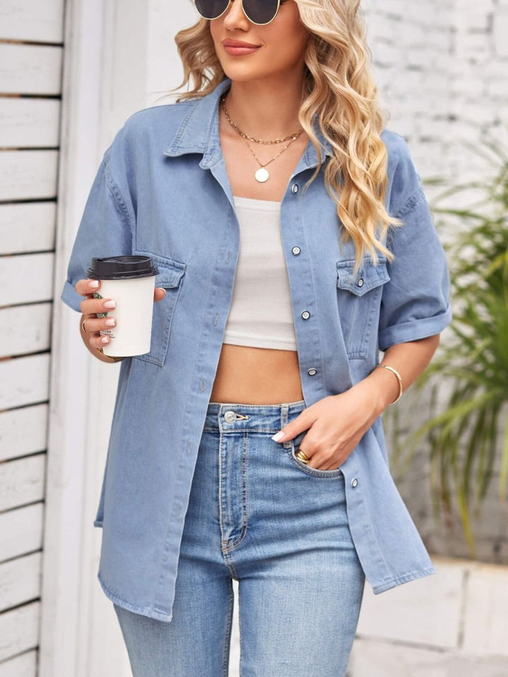 Collared Neck Short Sleeve Denim Jacket - Outerwear