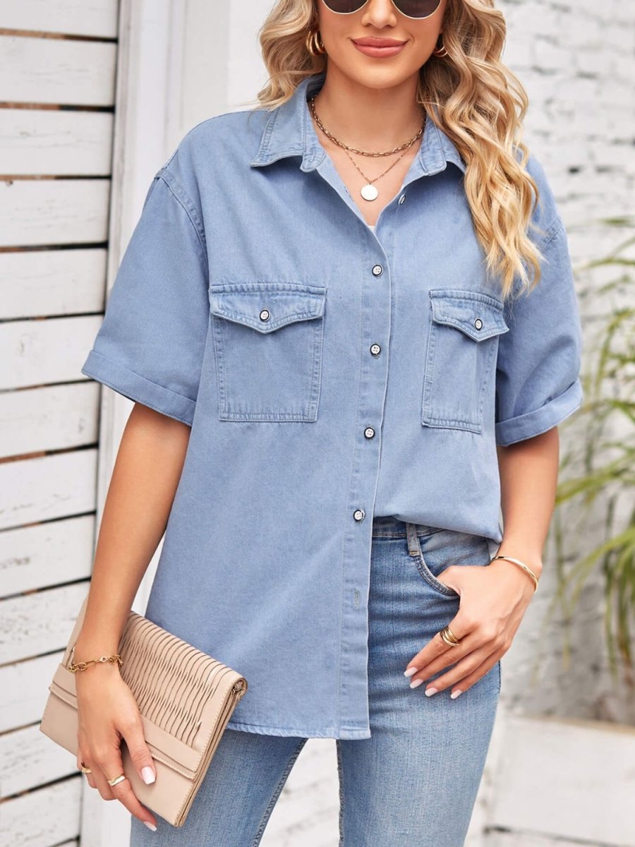 Collared Neck Short Sleeve Denim Jacket - Outerwear