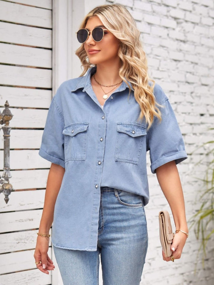 Collared Neck Short Sleeve Denim Jacket - Outerwear