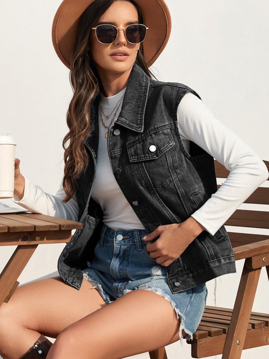 Collared Neck Sleeveless Denim Jacket - Outerwear