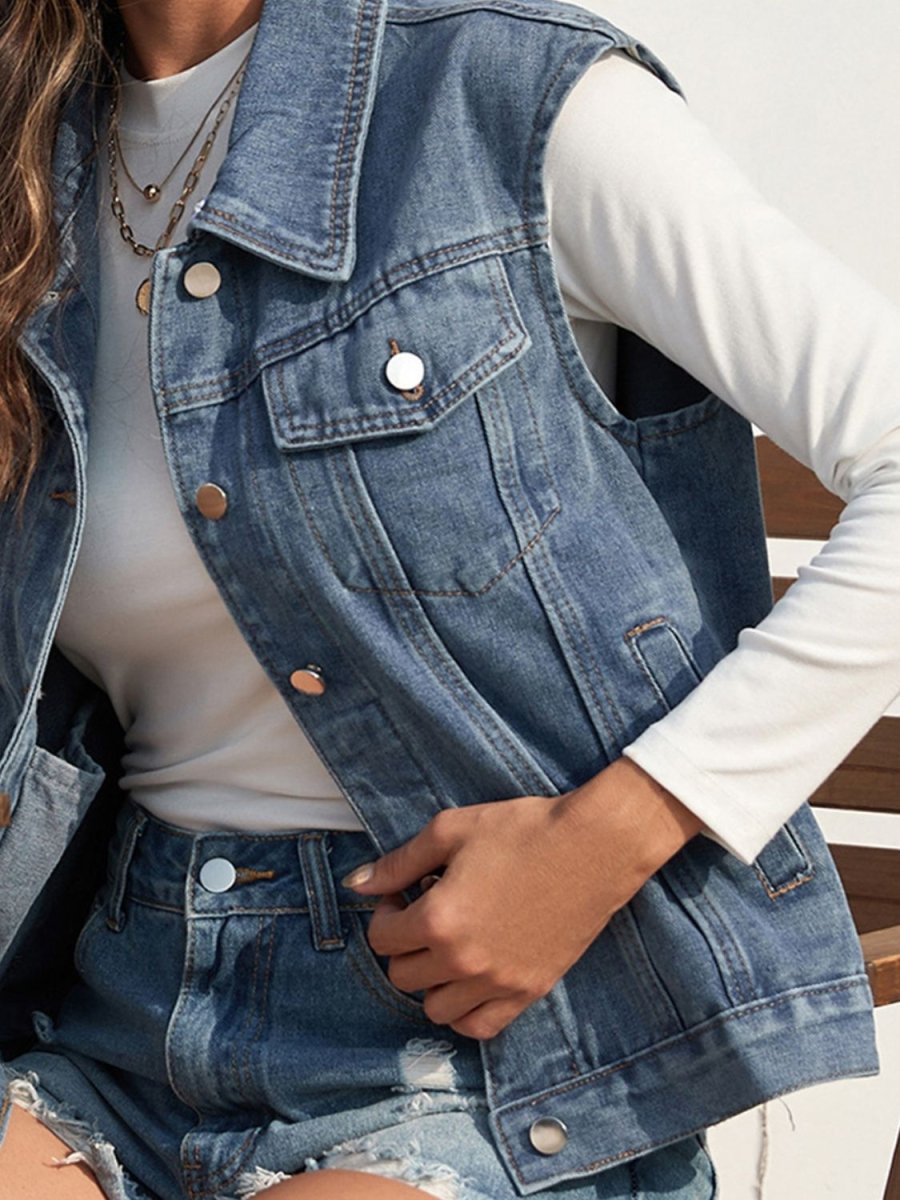 Collared Neck Sleeveless Denim Jacket - Outerwear