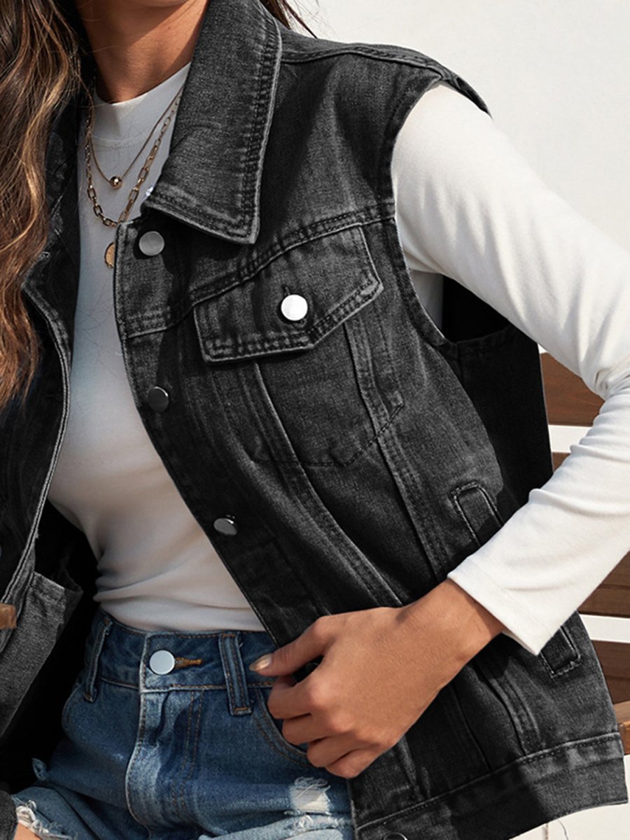 Collared Neck Sleeveless Denim Jacket - Outerwear