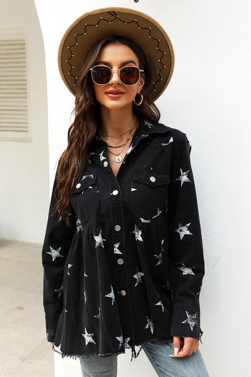 Collared Neck Star Print Long Sleeve Denim Jacket - Outerwear