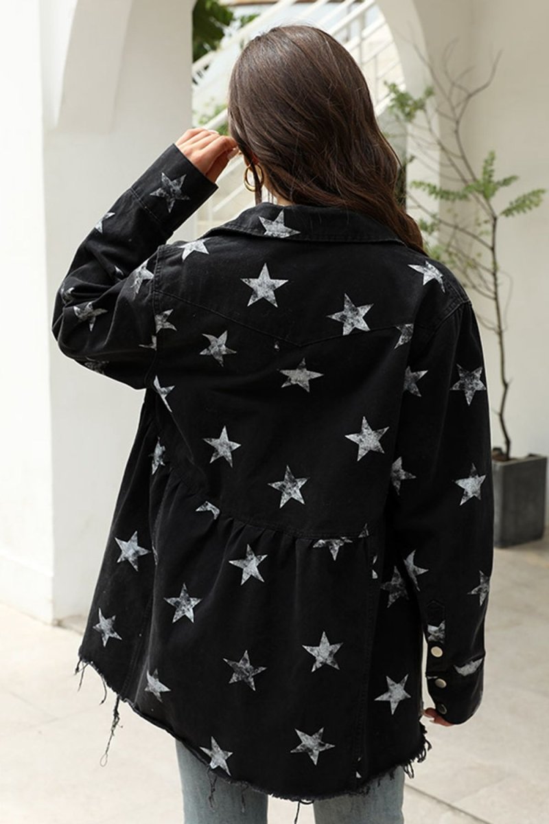 Collared Neck Star Print Long Sleeve Denim Jacket - Outerwear